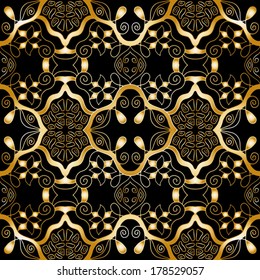 Seamless pattern, hand drawn sketch background, retro floral and geometric ornament, vector lace texture, white yellow and black