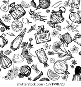 Patrón inexorable de botellas de perfume y plantas dibujadas a mano aisladas en fondo blanco. Ilustración vectorial.