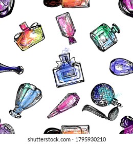 Nahtlose Muster handgezeichneter Skizze bunter Flaschen Parfum einzeln auf weißem Hintergrund. Vektorgrafik.