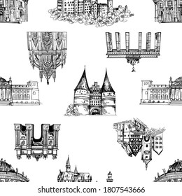 Seamless pattern of hand drawn sketch style German landmarks isolated on white background. Vector illustration.