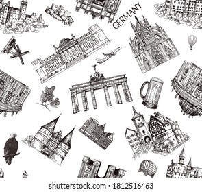 Seamless pattern of hand drawn sketch style Germany related landmarks and different objects isolated on white background. Vector illustration.