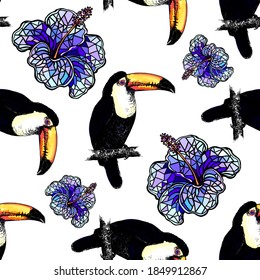 Seamless pattern of hand drawn sketch style colorful toucans and abstract flowers. Vector illustration isolated on white background.