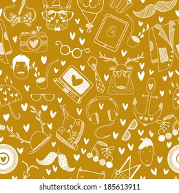 Seamless pattern with with hand drawn sketch Hipster elements.Seamless pattern, hipster style, graphic design for fabric, website, packaging, invitations, greeting cards
