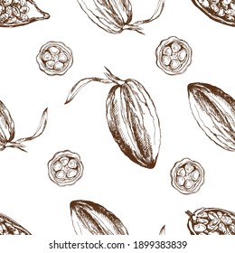 Seamless pattern of hand drawn sketch style cocoa beans isolated on white background. Vector illustration.