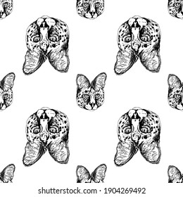Seamless pattern of hand drawn sketch style portraits of Savannah Cat isolated on white background. Vector illustration.