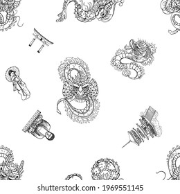 Seamless pattern of hand drawn sketch style abstract dragons, temples, Buddha statue, torii, geisha isolated on white background. Vector illustration.