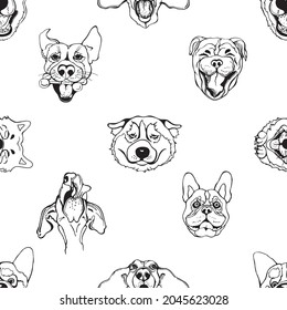 Seamless pattern of hand drawn sketch style portraits of dogs isolated on white background. Vector illustration.