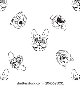 Seamless pattern of hand drawn sketch style portraits of dogs isolated on white background. Vector illustration.