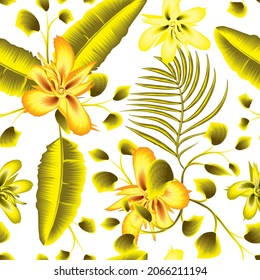 Nahtlose Muster der handgezeichneten Skizze Tropische Palmenbananen Blätter. Schöner, nahtloser Hintergrund mit tropischen Pflanzen auf weiß. modische Textur. Dschungelhintergrund. exotisches Sommerdesign