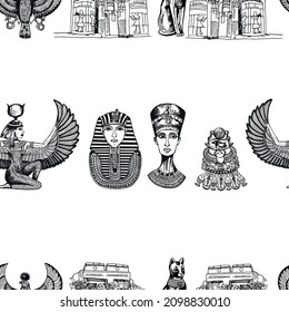 Seamless pattern of hand drawn sketch style Egyptian themed objects isolated on white background. Vector illustration.