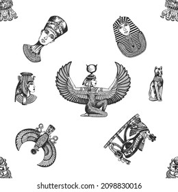 Seamless pattern of hand drawn sketch style Egyptian pharaohs and gods isolated on white background. Vector illustration.