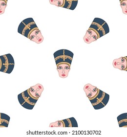 Seamless pattern of hand drawn sketch style portraits of Egyptian pharaoh isolated on white background. Vector illustration.