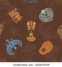 Seamless pattern of hand drawn sketch style Egyptian themed objects. Isolated vector illustration.