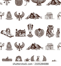 Seamless pattern of hand drawn sketch style Egyptian themed objects isolated on white background. Vector illustration.
