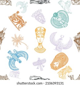 Seamless pattern of hand drawn sketch style Egyptian themed objects isolated on white background. Vector illustration.