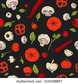 Seamless pattern with hand drawn sketch vegetables tomato, pepper, garlic, mushrooms for pizza recipe, package, menu, cooking. Healthy food vector black background, poster or banner.