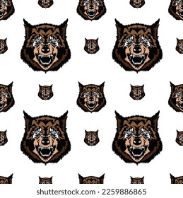 Patrón sin fisuras de boceto dibujado a mano estilo cabeza de lobo de color. Ilustración vectorial aislada en fondo blanco.