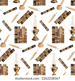 Seamless pattern of hand drawn sketch style books, feather pen and pocket watches isolated on white background. Vector illustration.