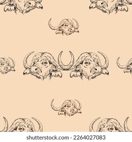 Seamless pattern of hand drawn sketch style Buffalo. Vector illustration.