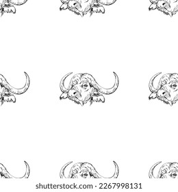 Seamless pattern of hand drawn sketch style Buffalo. Vector illustration.