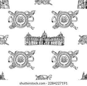 Seamless pattern of hand drawn sketch style Austria related places, buildings and objects isolated on white background. Vector illustration.