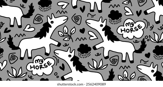 Seamless pattern of hand drawn sketch doodle horses isolated on gray background