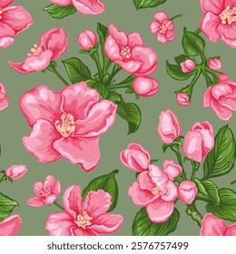 Seamless pattern with hand drawn sketch of pink Apple tree flowers. Vector illustration of spring Apple flowers, buds and leaves. Botanical colored drawing of blossom isolated on a green background