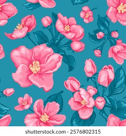 Seamless pattern with hand drawn sketch of pink Apple tree flowers. Vector illustration of spring Apple flowers, buds and leaves. Botanical colored drawing of blossom isolated on a blue background