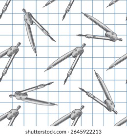 Padrão perfeito com esboço desenhado à mão de uma bússola de metal para geometria em papel de notebook de grade azul. Estilo monocromático vintage, perfeito para projetos de escola, matemática ou engenharia.