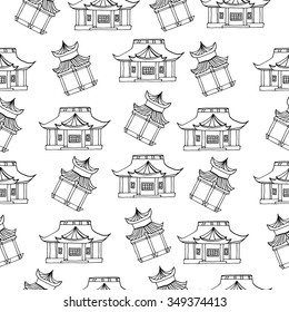 Seamless pattern with hand drawn sketch of detached Asian or traditional Chinese house with big windows and roof. black and white. Vector illustration. funny kids style. Japanese, Vietnamese building.