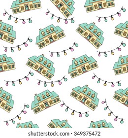 Nahtloses Muster mit handgezeichneter Skizze eines typisch amerikanischen Landhauses mit großen Fenstern. . Typisches US-Haus mit Weihnachtsgarten. Vektorgrafik. Weihnachtskranz an der Tür.Schleifpapier
