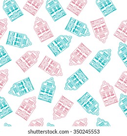 seamless pattern with hand drawn sketch of detached house with big windows and roof. . Blue and red colored sketch. Front view. Vector illustration. funny kids style. Wrapping paper.