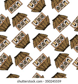 Seamless pattern with hand drawn sketch of detached wooden Ukrainian house with big windows and roof.Colored sketch. Front view. Vector illustration. Funny kids style. Wrapping paper.