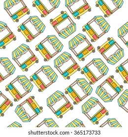 Seamless pattern with hand drawn sketch of Ice cream trolley. Colored in mint green and yellow sketch. Front view. Vector illustration. Funny kids style. transport for street shop or street market. 