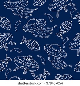 Seamless pattern with hand drawn sketch of alien spaceships. Vector illustration. UFOs and alien collection. Doodle sketch illustration. Blue background.