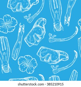 Seamless pattern with hand drawn sketch of diving equipment: mask for scuba diving, tube, snorkel, air tank, diving flippers. Vector stock illustration. Blue background