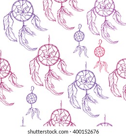 Seamless pattern with hand drawn sketch of dream catcher with feathers and earrings with feathers. Boho style. vector stock illustration. 