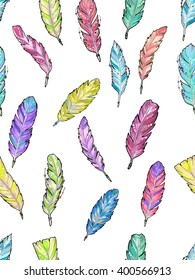 Seamless pattern with hand drawn sketch watercolor bright colorful feathers for any print or tattoo. Boho, hipster, aztec style.