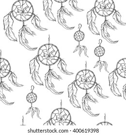Seamless pattern with hand drawn sketch of dream catcher with feathers and earrings with feathers. Boho style. vector stock illustration. 