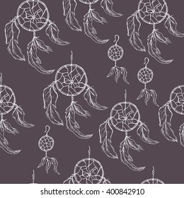 Seamless pattern with hand drawn sketch of dream catcher with feathers and earrings with feathers. Boho style. vector stock illustration. Wrapping paper. Fashion and beauty.