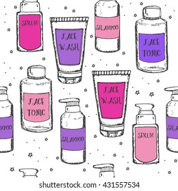 Seamless pattern with hand drawn sketch cosmetics: face wash, face serum, face tonic  and shampoo. Vector stock illustration. Wrapping paper for beauty shop. 
