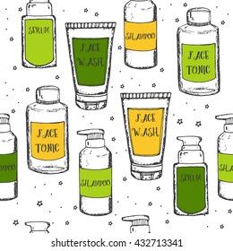 Seamless pattern with hand drawn sketch cosmetics: face wash, and shampoo. Vector stock illustration. Wrapping paper for beauty shop. Cosmetics set. cosmetic shop, cosmetic for girls, face care set