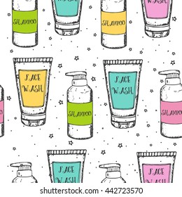 Seamless pattern with hand drawn sketch cosmetics: face wash, face serum, face tonic and shampoo. Vector stock illustration. Wrapping paper for beauty shop. Beauty salon, beauty shop, cosmetics,beauty