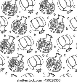 Seamless pattern with hand drawn sketch of pomegranate fruit with seeds, whole pomegranate and the half of it. Vector stock illustration.. 