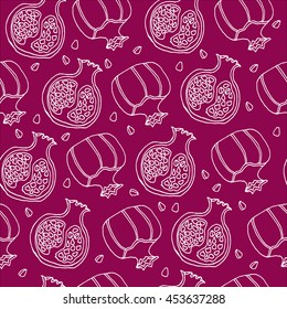 Seamless pattern with hand drawn sketch of pomegranate fruit with seeds, whole pomegranate and the half of it. Vector stock illustration.