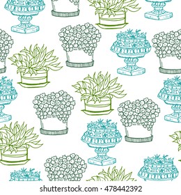 Seamless pattern with hand drawn sketch of different plants in pots for street or home decoration: succulent plants. Vector illustration. funny kids style. colored sketch.