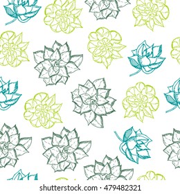 Seamless pattern with hand drawn sketch of different plants: succulent plants. Vector illustration. funny kids style. 