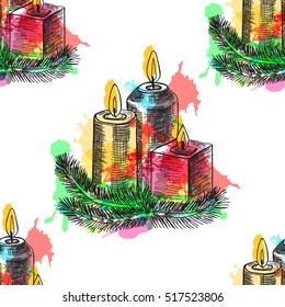 Seamless pattern Hand drawn sketch Burning candle in christmas candlestick of fir branches with colorful watercolor blots. Vector illustration.