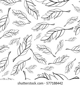 seamless pattern with hand drawn sketch black feathers on white background