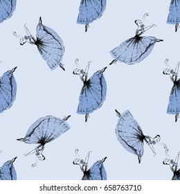 Seamless pattern of hand drawn sketch style ballerina. Vector illustration.